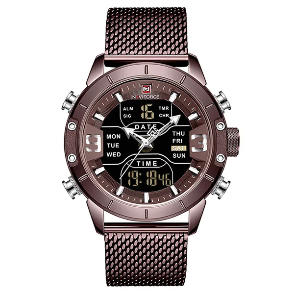 coffee NAVIFORCE мужские часы Топ люксовый бренд Мужские Военные Спортивные кварцевые наручные часы из нержавеющей стали светодиодный цифровые часы Relogio Masculino - Цвет: coffee