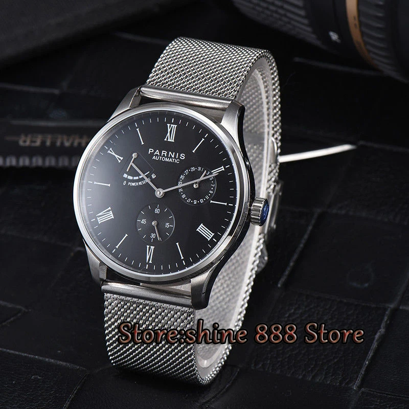 

44mm Parnis Watch Mens Stainless Steel Automatic Watch Mechanical Wristwatch Mesh Strap Luminous 12/24 Hours