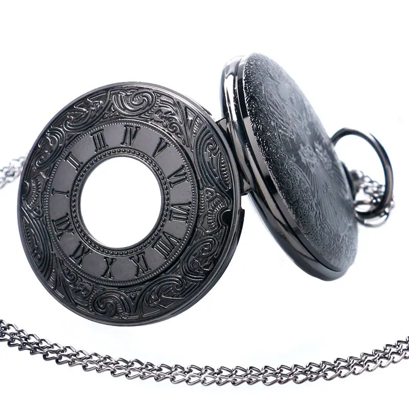 Classical Black Hollow Case Roman Number Dial Display Quartz Pocket Fob Watches with Necklace Chain for Men Women Best Gift | Наручные