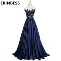 robe de soiree 2020 navy blue evening dresses sheer scoop neck beaded pearls women formal gowns special occasion dress