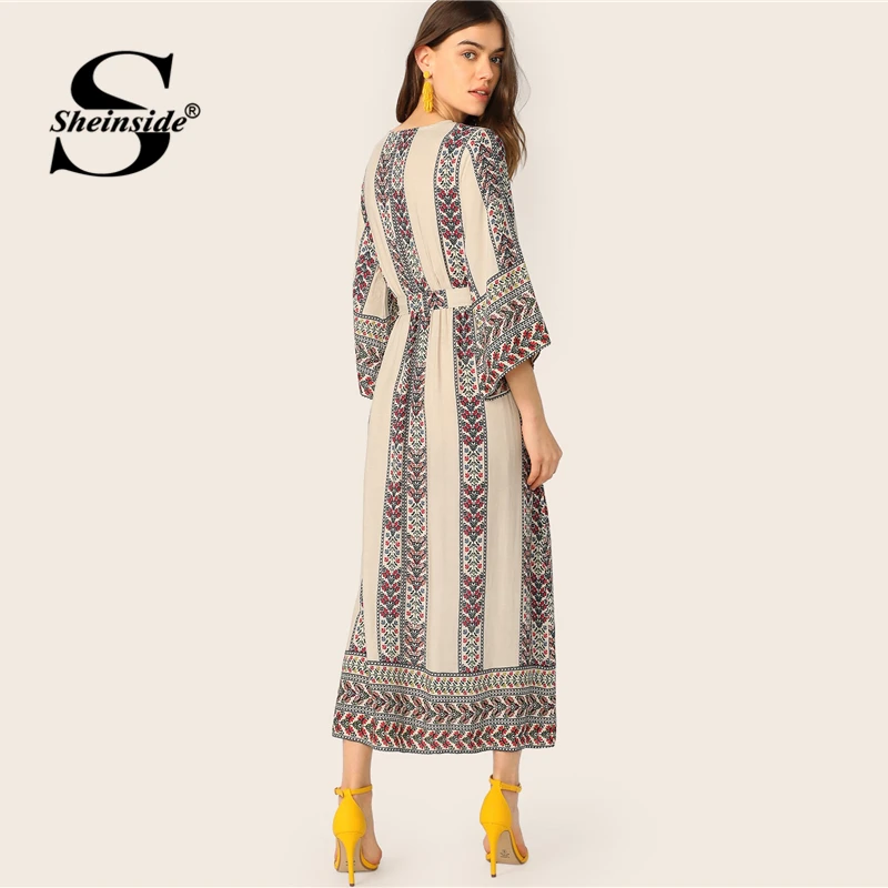 Sheinside Boho платье с v-образным вырезом и цветочным принтом для женщин летние прямые платья с высокой талией и поясом дамское платье с рукавом 3/4