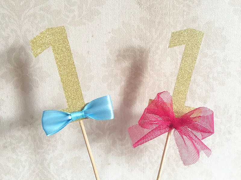 Custom Age Number Cake toppers Baby Twins 1st Birthday Party Decorations Gold 1 With Bow Tie Cupcake Topper topper | Дом и сад