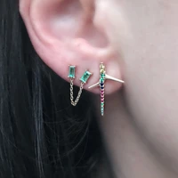 double 2 piercing stud baguette birthstone cz with tassel chain romantic fashion girl women earring