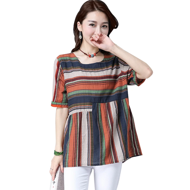 Женская хлопковая льняная блузка Romacci разноцветная в полоску с круглым вырезом и