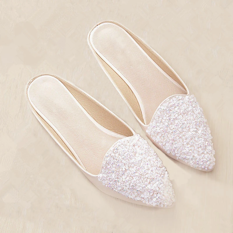 

TIMETANG New Casual Women Slippers Big Size 43 PU Heel Spring Shoes Woman Fashion Bling Slippers Point Toe Black White C100