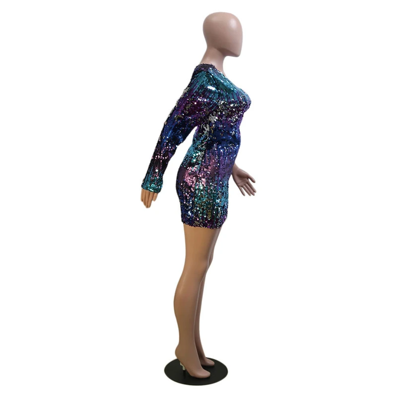 Adogirl разноцветные Блестки одно плечо Bodycon платье Для женщин с длинным рукавом