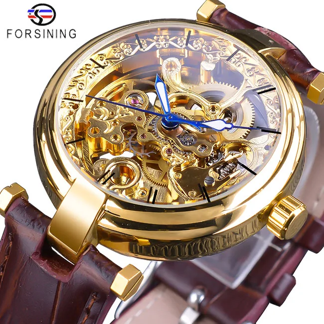 GMT1098-5 Forsining,, золотые часы, модные, синие, мужские, автоматические, самовзводные часы, Топ бренд, коричневые, натуральная кожа, светящиеся стрелки - Цвет: GMT1098-5