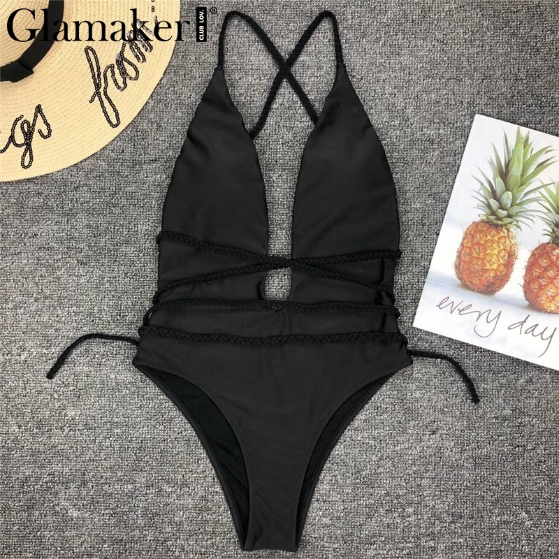 Glamaker Холтер бандаж женский цельный купальник сексуальный купальник bodycon открытая спина клуб Боди летний купальный костюм белый боди - Цвет: Черный