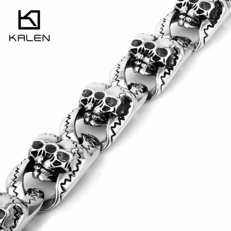 Kalen, 20 см, нержавеющая сталь, тяжелая массивная цепочка, мужские браслеты, панк-рок, двойной череп, голова, очаровательный браслет, ювелирный аксессуар
