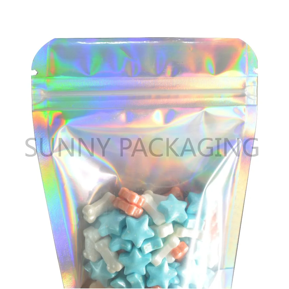 

100 pcs One Side Clear and Hologram Foil Stand Up Zip lock Pouch Hologram Standing Zip lock Bags Food Storage Bags Free Shipping
