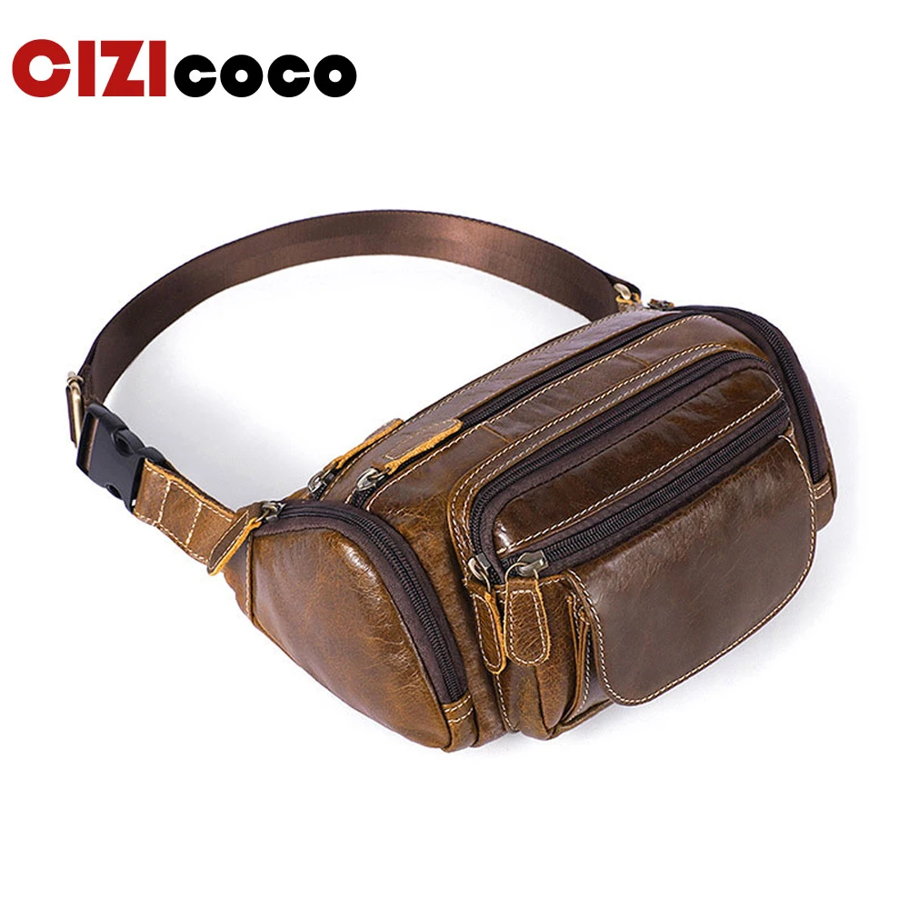 Genuine Leather Men Waist Bags Brand Large Capacity Outdoor Waist Baotou Layer Leather Man Pockets Messenger Bag C8355