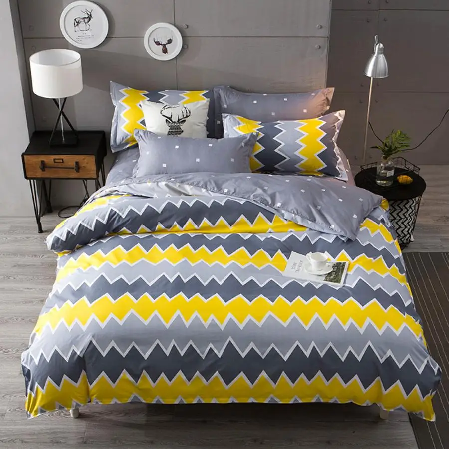 King Size Bedding Comfortable Yellow Waves Printed Flat Sheet Quilt Cover Pillowcases Set Bed Duvet | Дом и сад