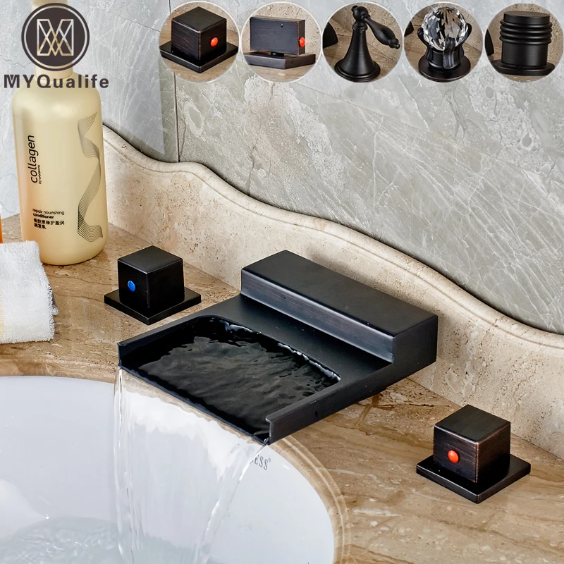 Смеситель для ванны с двойной ручкой черный кран раковины широким носиком