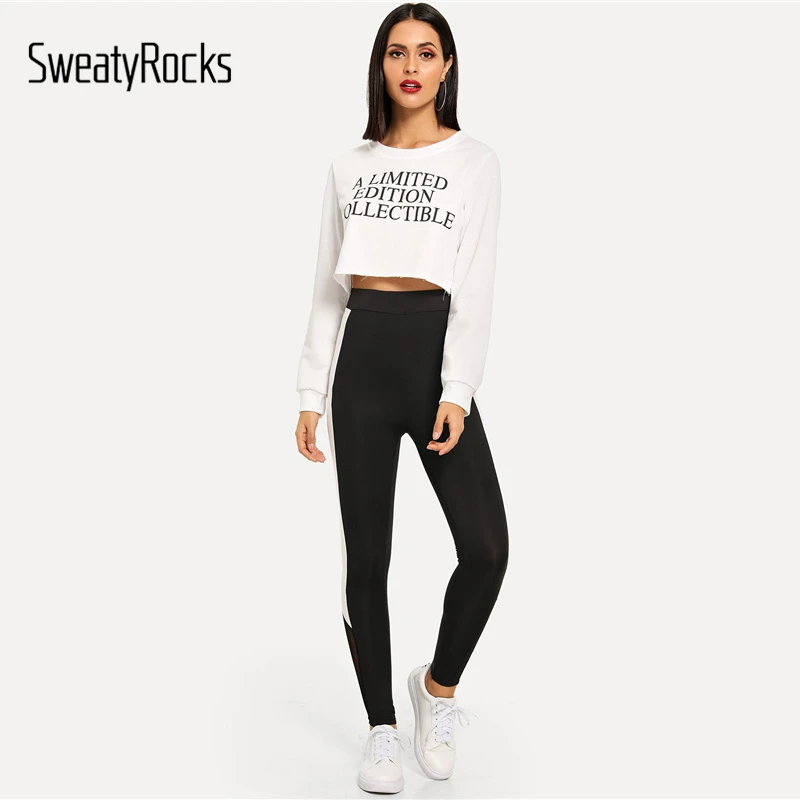 SweatyRocks, спортивные Леггинсы с широким поясом, с цветными блоками, для тренировок, с высокой талией, эластичные,, Осенние, для фитнеса, женские брюки и штаны