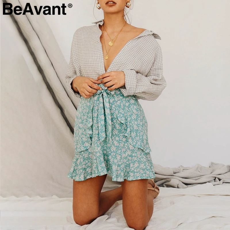 BeAvant Vinatge, женская короткая мини юбка с цветочным принтом,, летняя пляжная хлопковая юбка, Женская юбка с высокой талией, бохо, Женская юбка