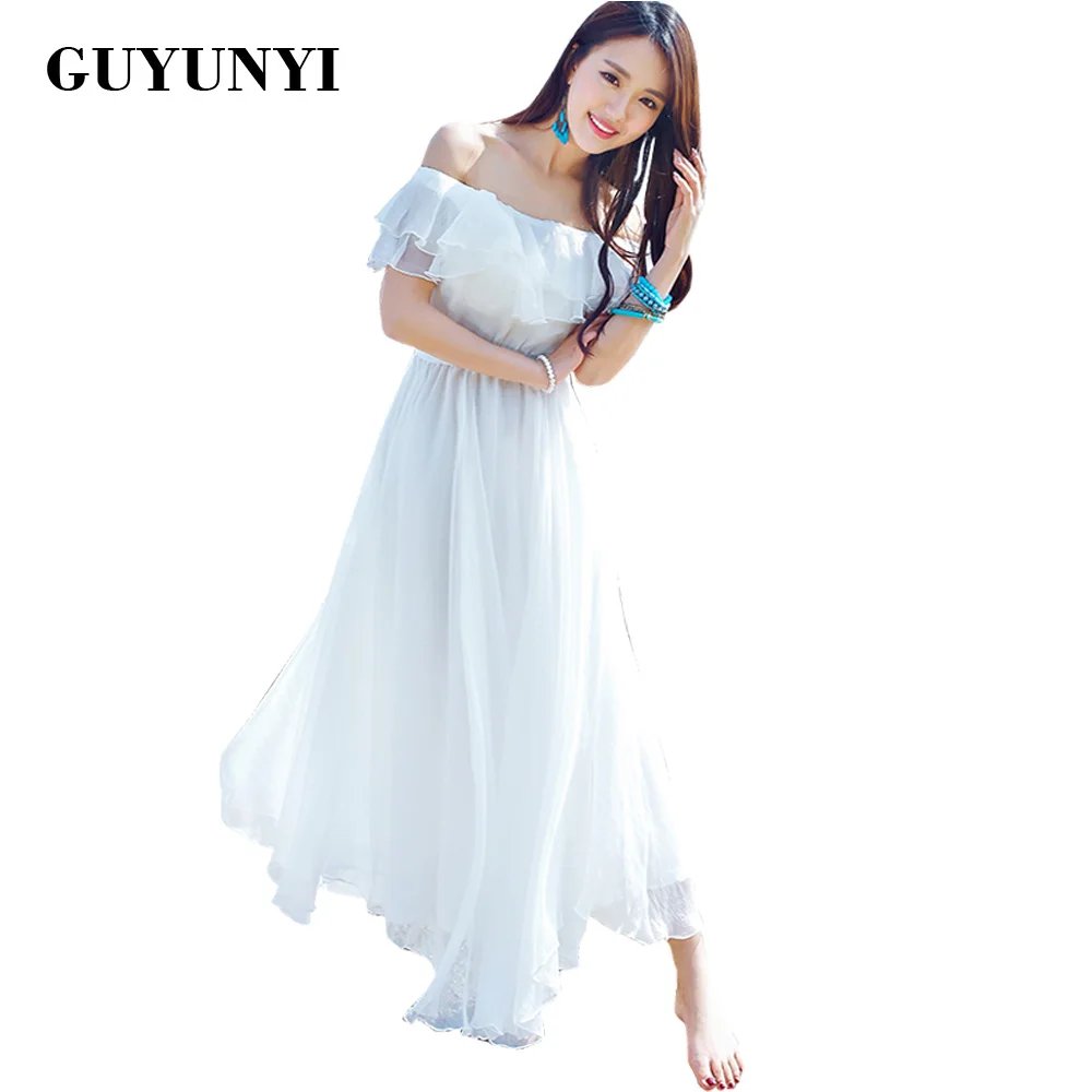 Платье женское длинное в стиле бохо шифоновое Пляжное макси с открытыми плечами