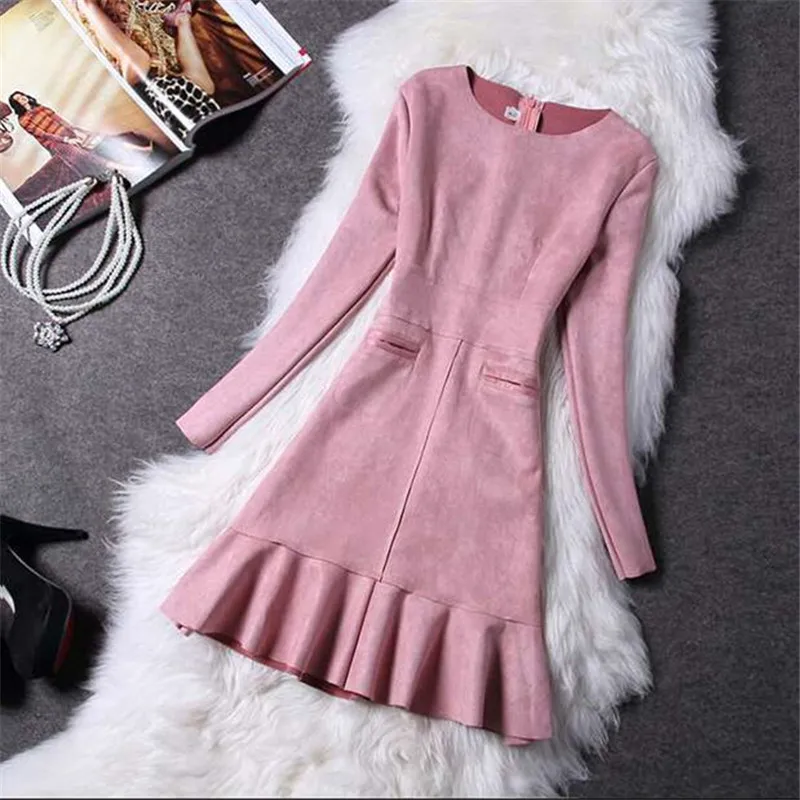 Осеннее платье женское с длинным рукавом замшевое винтажное зимнее офисное