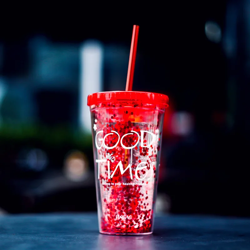 30pcs/lot 450ml Creative Colorful Double Layer Plastic Cup With Lid Summer Gold Powder Juice Water Straw 15.5*6.5cm | Дом и сад