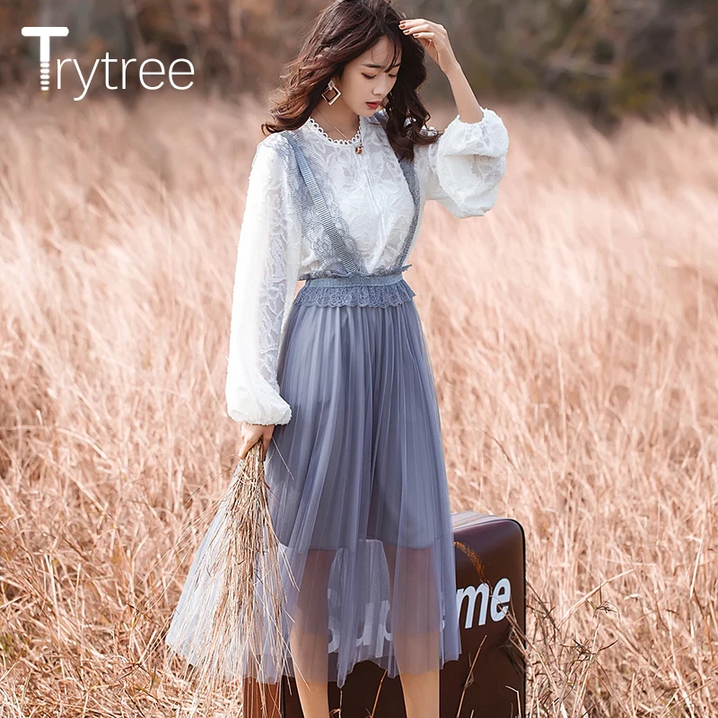 Комплект из двух предметов Trytree Женский романтичный Повседневный Топ с пышными