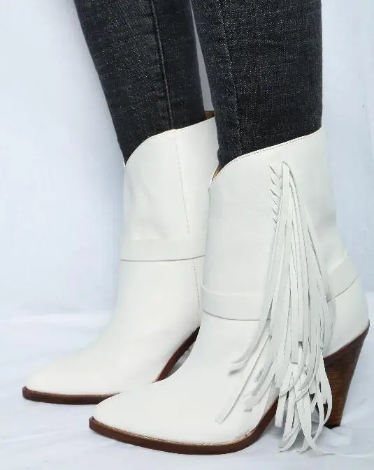 

Hot Fashion Sexy Winter/Autumn White Sheepskin Mid-Calf Shoes Slip-On Pointed Toe Women's Shoe Spike Heels Fringe Ladies Boots