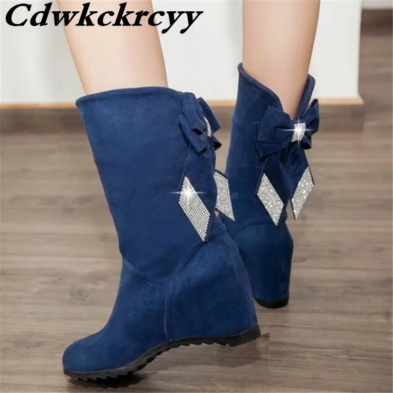 

Promotion product Autumn and winter Korean Edition Internal increase Martin boots Rhinestone Bow Slope heel Women Boots 34-43