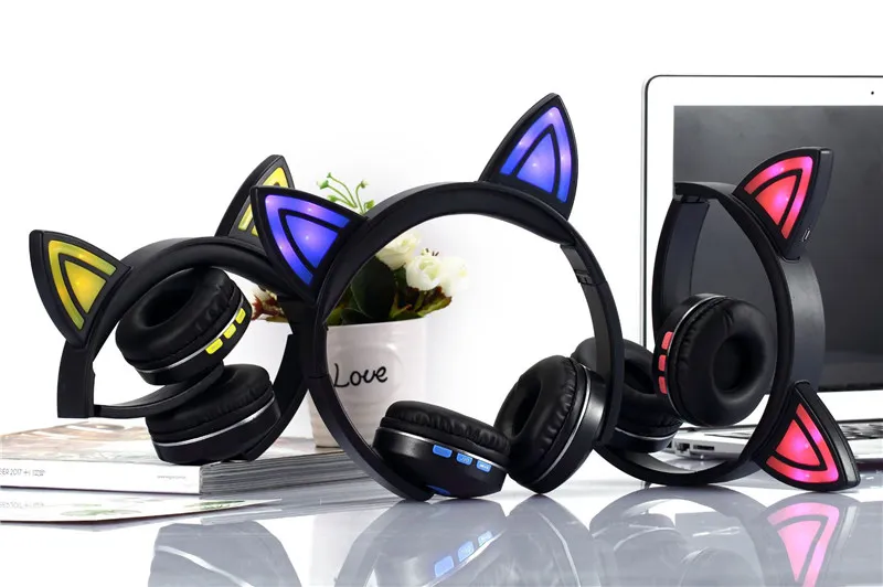 Cue Cat светодиодный складной Bluetooth наушники Беспроводная гарнитура повязка на голову стерео наушники с микрофоном для мобильного телефона ПК подарок для девочек Дети