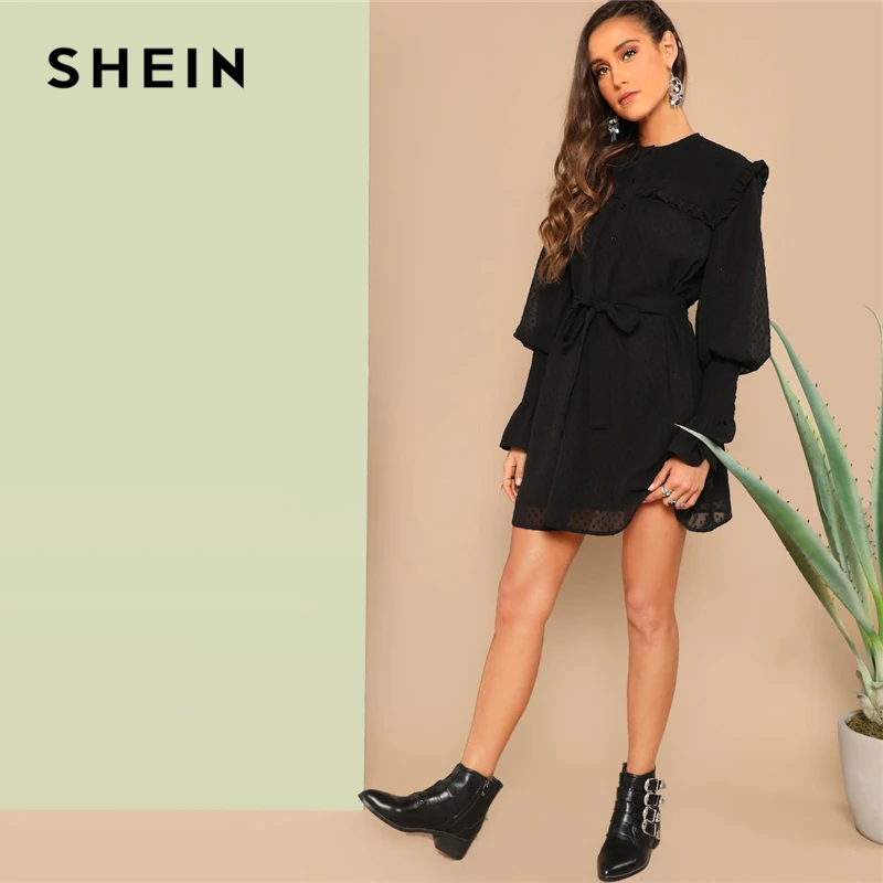 SHEIN Платье-Рубашка С Оригинальным Рукавом И Поясом, Стильное Платье С Длинными Рукавами