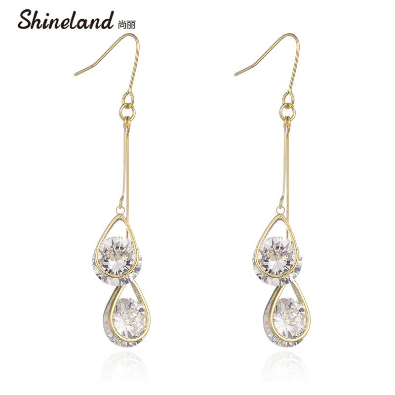 

Shineland Summer Fashion Women Simple bijoux trendy Double Water Drop Earrings Shiny Zircon Bohemia Brincos for Lady Gift