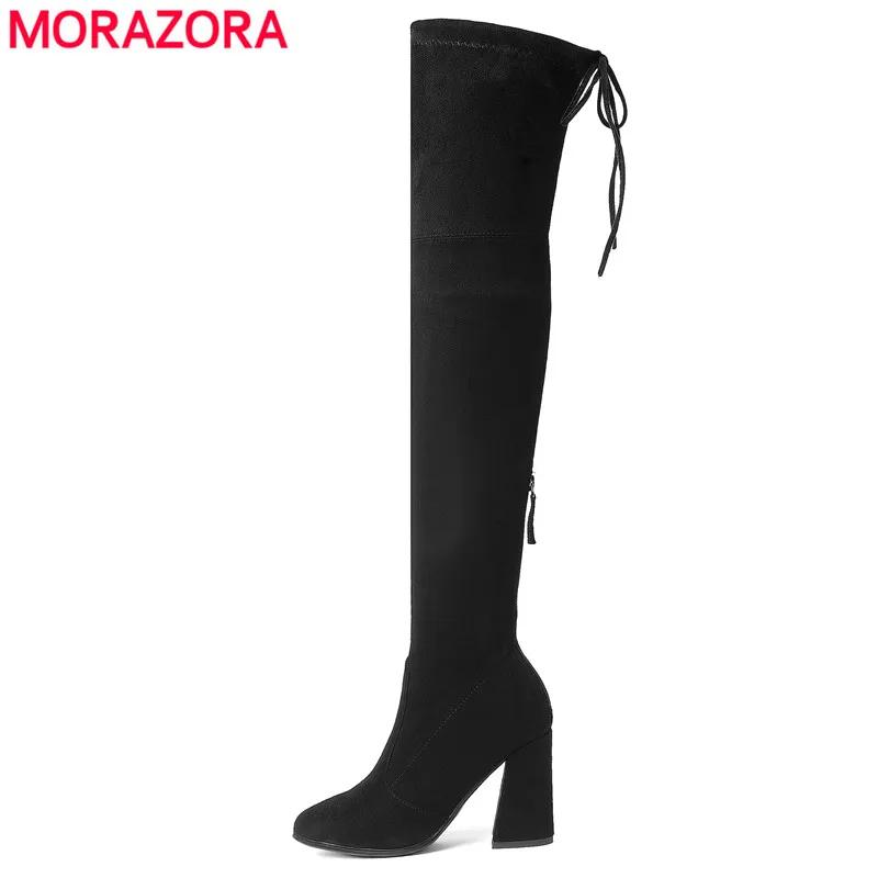 Женские сапоги из флока MORAZORA Черные Сапоги выше колена на высоком каблуке со