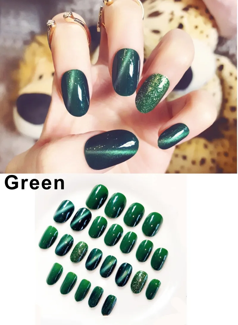 Green 24 шт./компл. черные солнцезащитные очки "кошачий глаз", накладные ногти овальной формы с короткими искусственные накладные ногти голубые стразы фототерапия, полного покрытия, накладные ногти - Цвет: Green