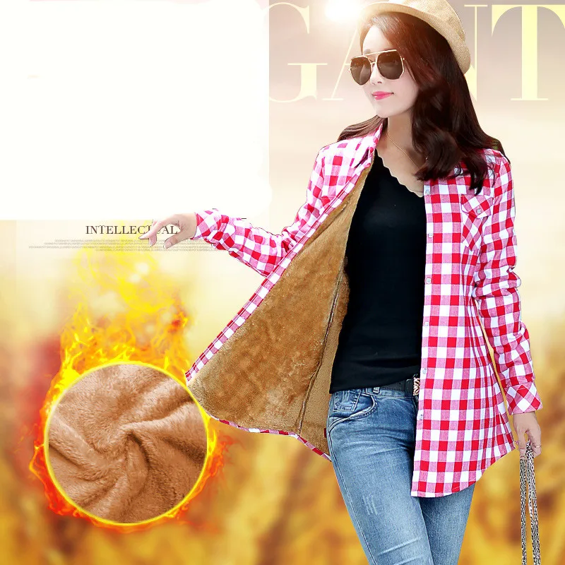 2020 Winter Women Warm Cashmere White Blue Plaid Shirt Long Sleeves Leisure Thick Velvet Blouse Blusas Femininas | Женская одежда