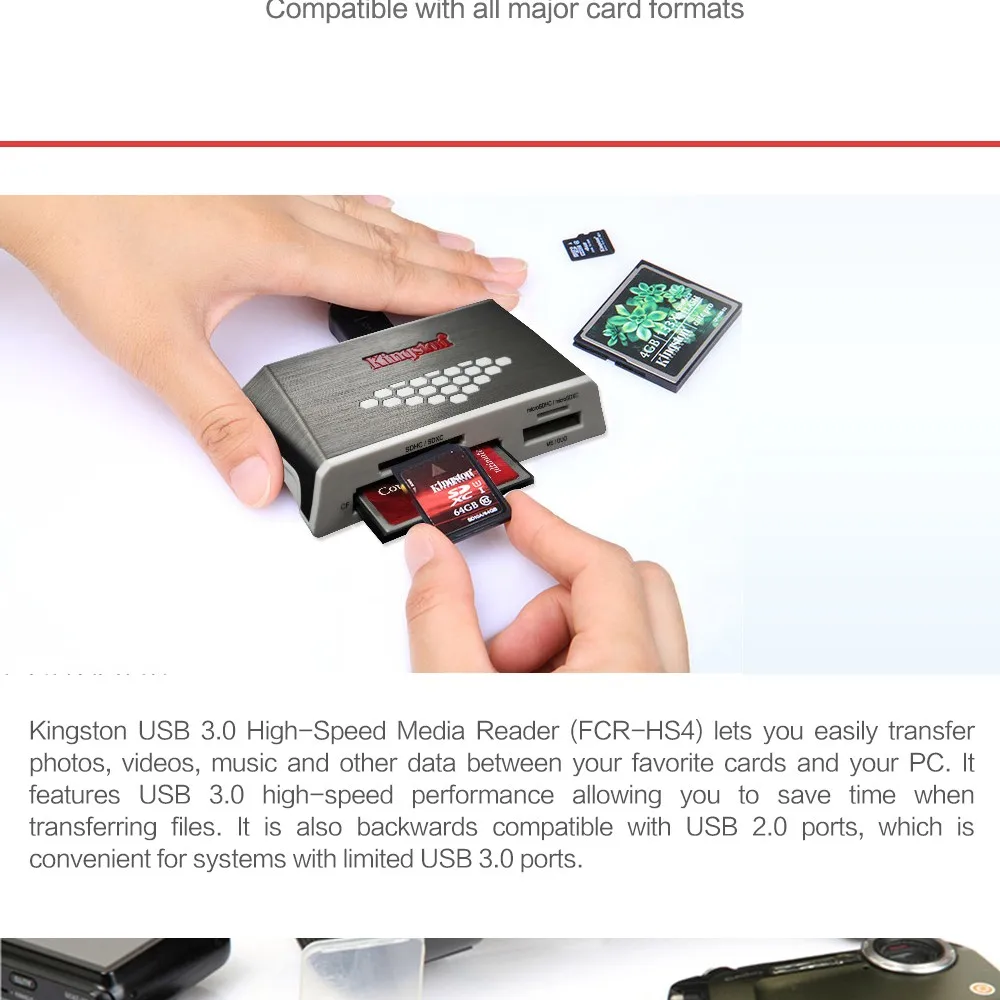 Kingston микро Флэшка кард-ридер USB3.0 медиа-ридер CF TF MS SDHC/SDXC UHS-I Microsd мульти-функция флеш-карта памяти USB креплением для вспышки sрeedlite