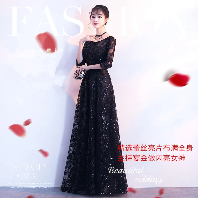 Banquet evening dress 2019 summer new black long section was thin fashion atmosphere host dinner qipao Size S-XXL | Тематическая