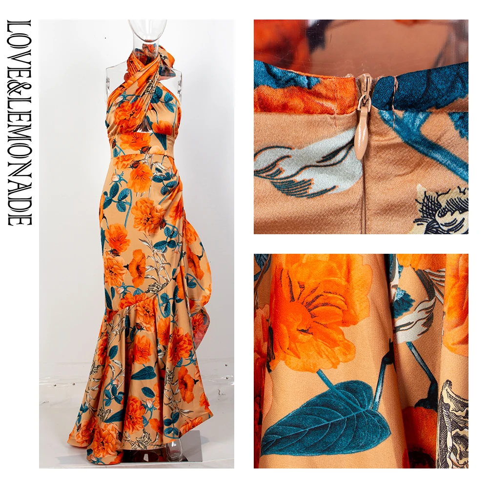 Женское платье макси LOVE & LEMONADE оранжевое с разрезом на боку и оборками модель