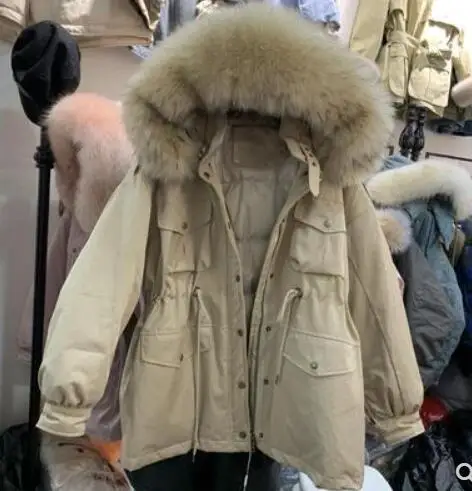 white fur Пуховик на утином пуху зимняя куртка женские пуховики Утепленные Пальто женские с капюшоном из натурального меха енота однотонные куртки - Цвет: white fur