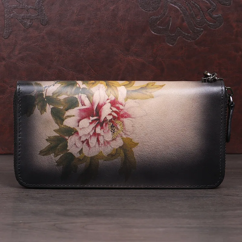 

High Quality Female Wallets Clutch Money Bags Cowhide Luxury Cards Holder Flower Zipper Bag Women Genuine Leather Long Purse