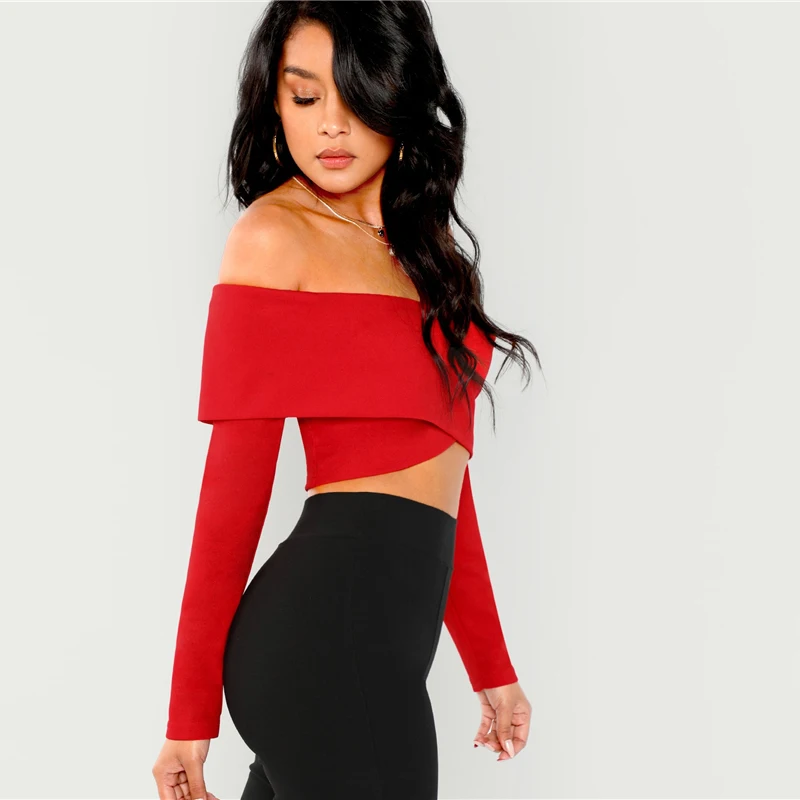 SHEIN Блузка С Открытыми Плечами На Молнии Женский Красный Весенний Сексуальный Топ С Длинными Рукавами