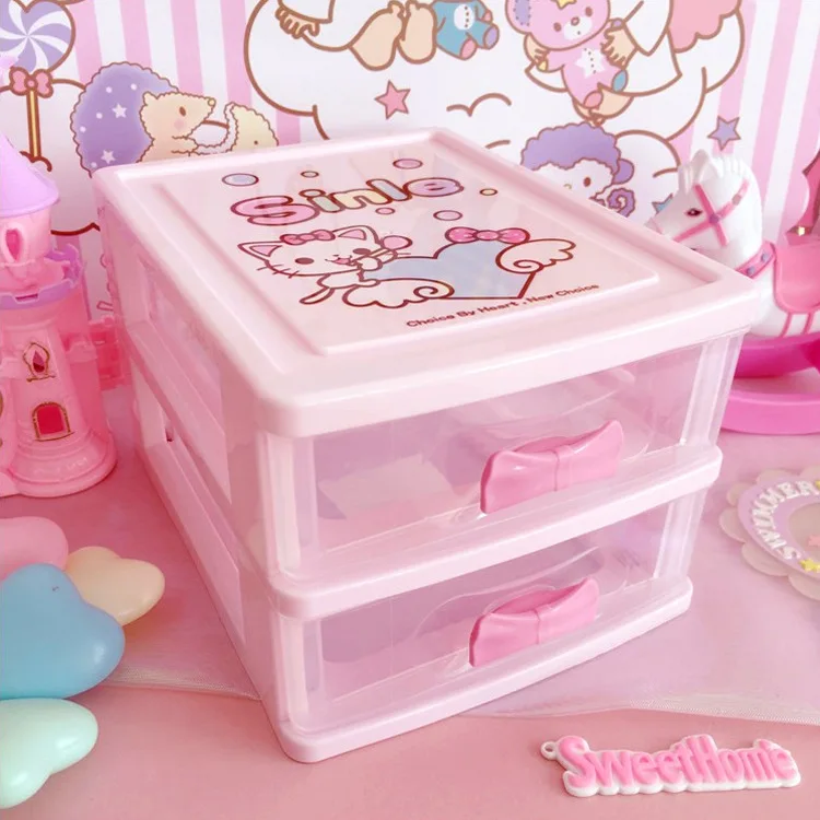 2 layers Розовый hello kitty органайзер для хранения, трехслойный ящик для офиса, Рабочий стол, KT Cat, коробка для хранения, пластиковая корзина, контейнер для макияжа, ювелирная коробка - Цвет: 2 layers