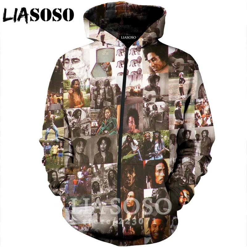 LIASOSO 2019 New Fashion Men Women 3D Print Singer Bob Marley Zipper Hoodie Unisex Casual Long Sleeve Coat Sweatshirt A188-04 | Мужская