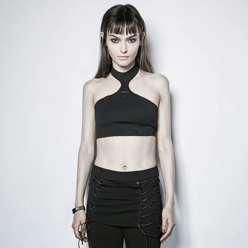 

Punk Black Irregular Demon Bone Print Vest for Women Steampunk Sexy Halter Tank Tops Summer Autumn Undershirts