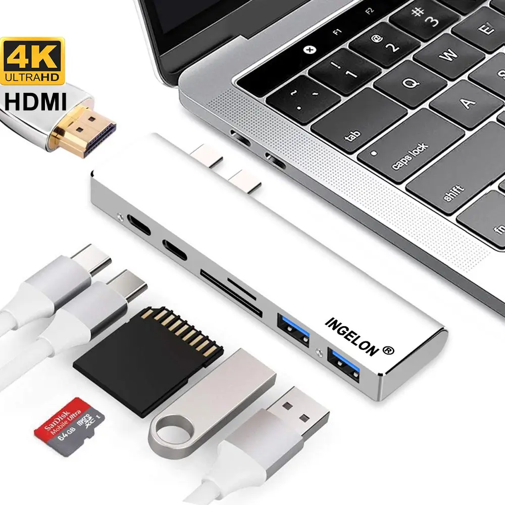 Док-станция Ingelon Thunderbolt 3 7 в 1 USB-C двойной кардридер Type-C USB адаптер для зарядки 4K HDMI