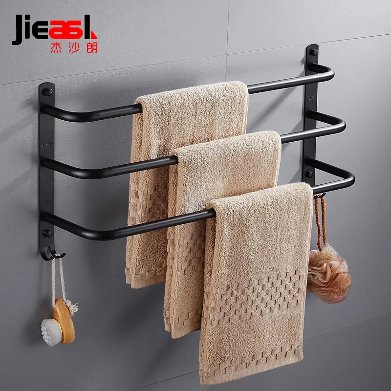 

Black Stainless Steel Towel Rack with Hook Bathroom Shelf Three-Layer Towel Bars Bathroom Hardware Accessories