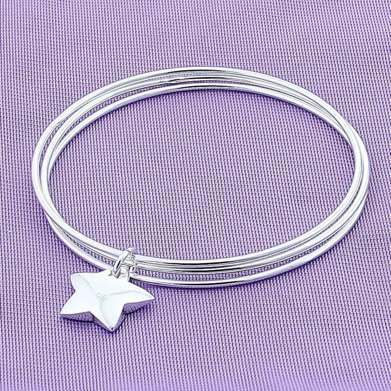 DOTEFFIL 925 Sterling Silver Three Circle Star Bangle Bracelet For Woman Wedding Engagement Fashion Charm Party Jewelry | Украшения и