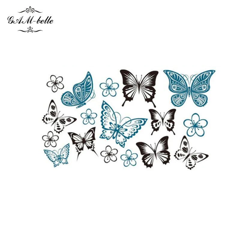 

Cute Butterfly Flower Water Tattoo Sticker Simulation Blue Black Colored Butterfly And Peach Tattoo