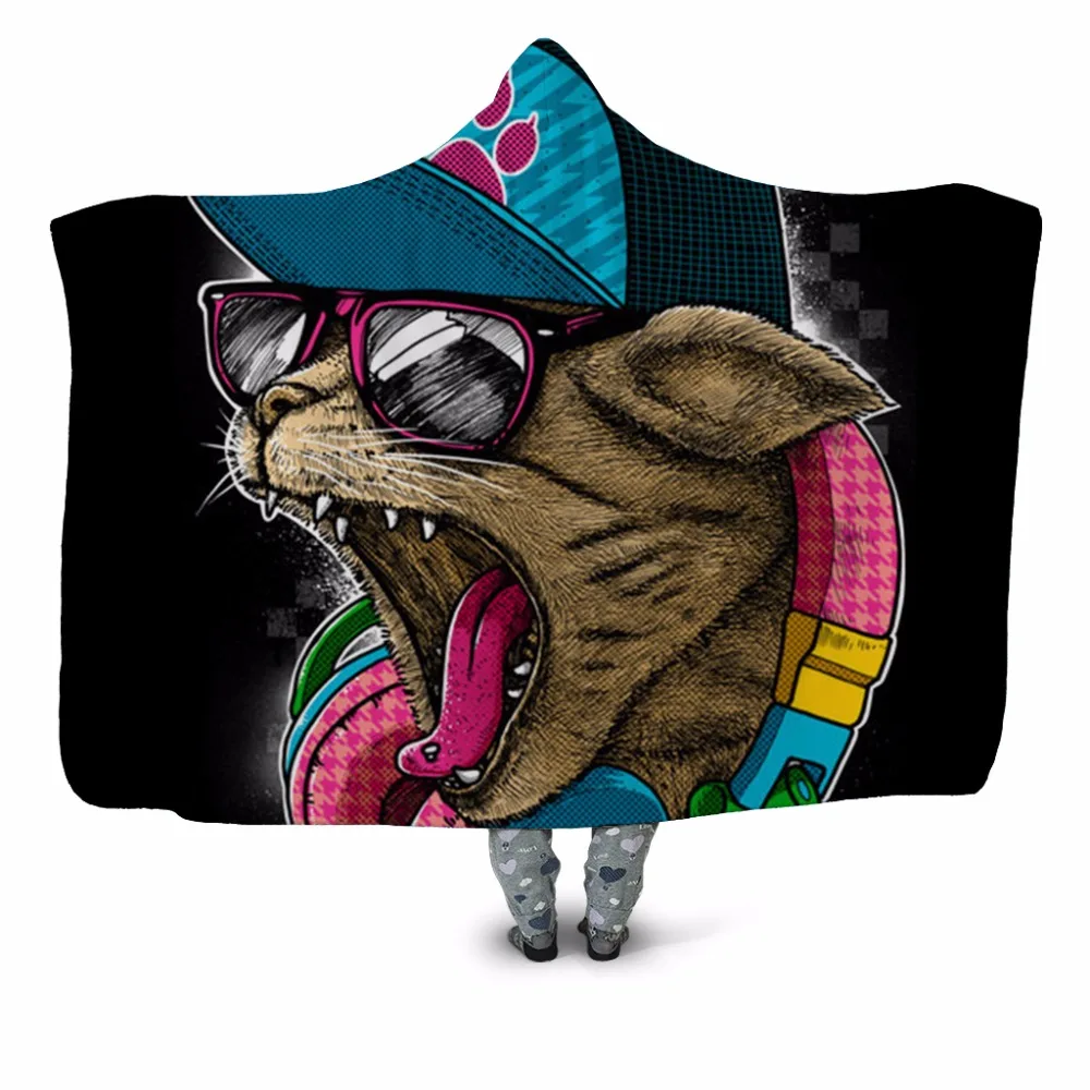 Плюшевое одеяло с капюшоном Happy DJ Cat 3D принтом для взрослых молодежи детей теплое