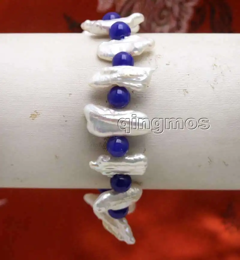 

SALE 12-15mm White Natural Freshwater Biwa Pearl and 6mm Round Blue beads 7.5'' Bracelet-bra328 Free shipping Wholesale/retail