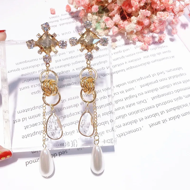 MENGJIQIAO 2019 Korean New Luxury Water Drop Crystal Simulated Pearl Pendant Long Earrings For Women Fashion Bijoux Party Brinco | Украшения