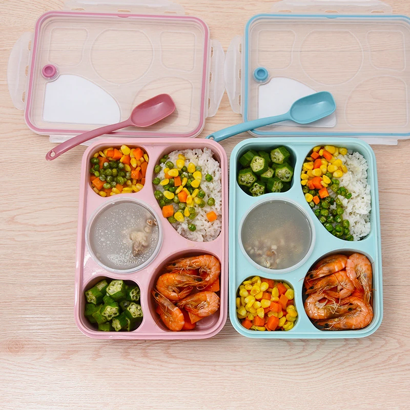 Пластик Питание суп коробки для обедов Microwaveable школьников Bento box с ложкой еда