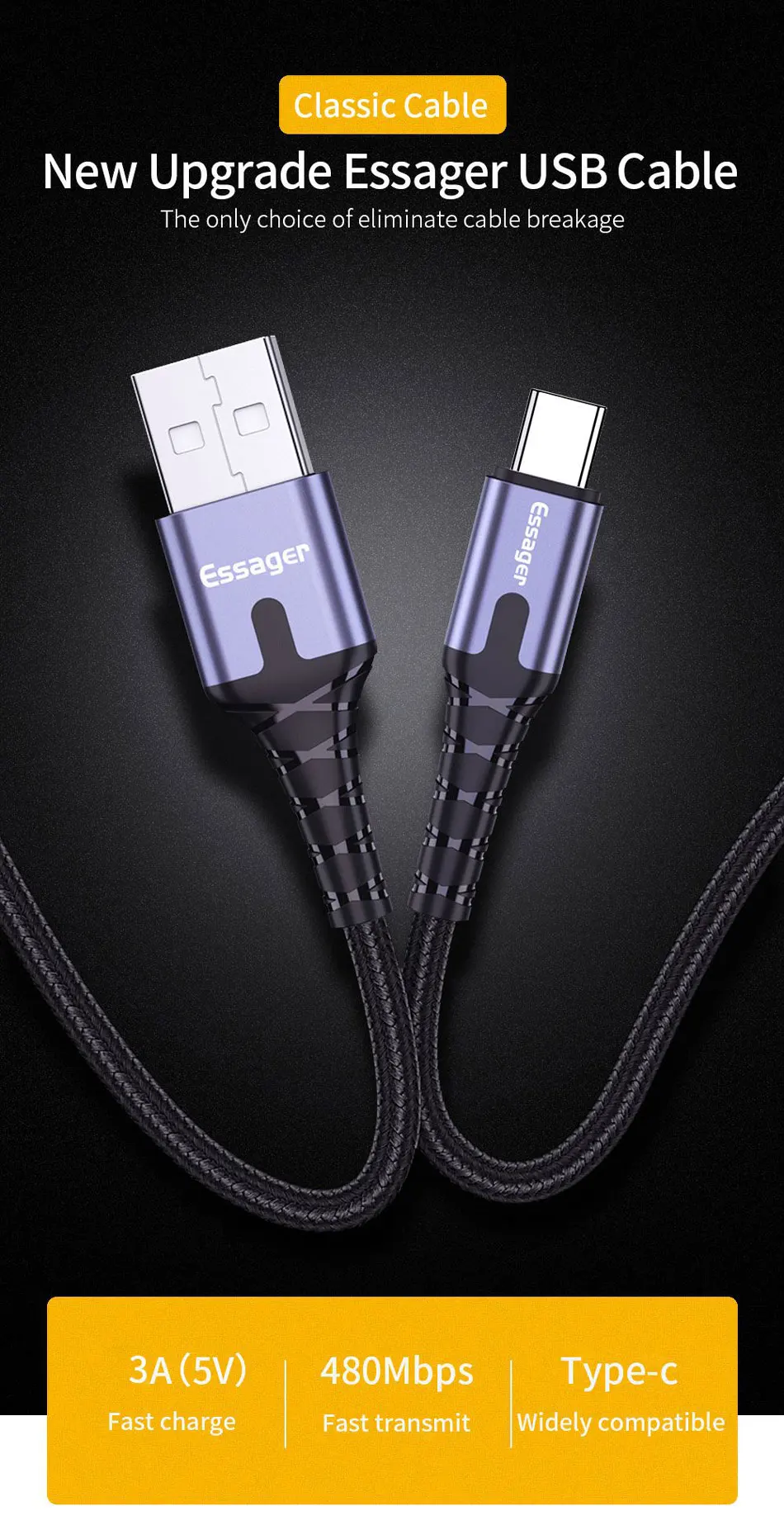 Essager 3A usb type C светодиодный кабель для samsung S9 S8 One plus 6t Xiaomi huawei, кабель для быстрой зарядки, USB C type-c, шнур для зарядки и передачи данных
