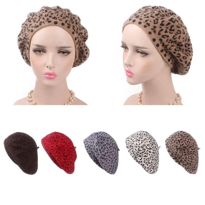 Модные женские Берет кепки осень зима шерсть Leopard Печать 5 цветов Beanie Hat|Женские